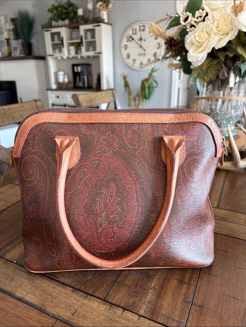 Classic Vintage Etro Paisley Print Top Handle Satchel Hand Bag in Brown and Rust